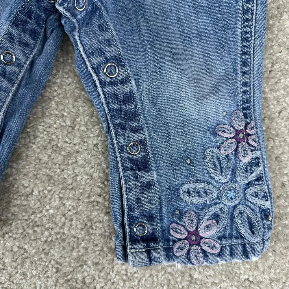 Vtg Carter's Kids Floral Embroidered Denim Jeans Baby Girls 9-12M Blue Snaps